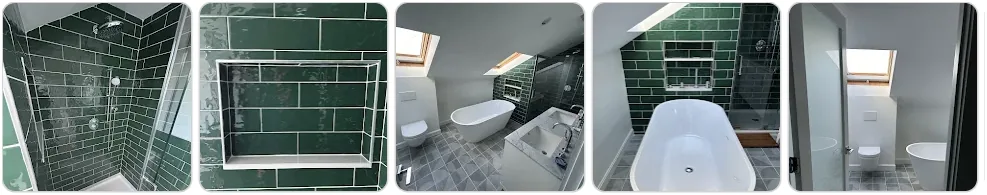 Green tiled shower with a niche, freestanding tub and gray floor tile in a bathroom installed by Blue Eagle Tiles